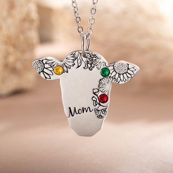 Collana personalizzata di mucca con girasole floreale retrò con pietra di nascita e nome inciso Gioielli occidentali Compleanno Regalo per la festa della mamma cowgirl