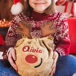Personalisierte Rentier großen Samt Glitter Drawstring Tasche mit Glöckchen und Name Weihnachtsgeschenk für Kinder