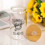 Personalised Highland Cow Name Can Tumbler Glass Coffee Cup with Bamboo Lids Birthday Christmas Gift for Cow Lovers