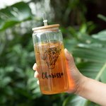 Personalised Highland Cow Name Can Tumbler Glass Coffee Cup with Bamboo Lids Birthday Christmas Gift for Cow Lovers