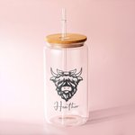 Personalised Highland Cow Name Can Tumbler Glass Coffee Cup with Bamboo Lids Birthday Christmas Gift for Cow Lovers