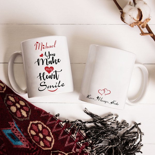 Taza de Cerámica Personalizada You Make My Heart Smile con Nombre y Texto 11oz/15oz Taza de Café Aniversario Regalo de Navidad para Amigo Pareja