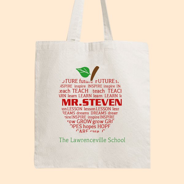 Personalised Apple Pattern Teacher Canvas Tote Bag with Name and Text Christmas Teacher Appreciation Gift for Teacher