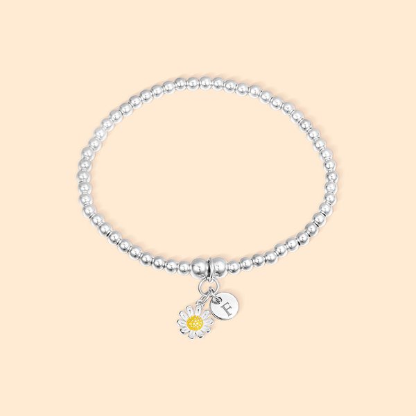 Personalisierte Perlen Armband mit Gänseblümchen Charme und eingraviert Initial Geschenk für ihr Baby Dusche