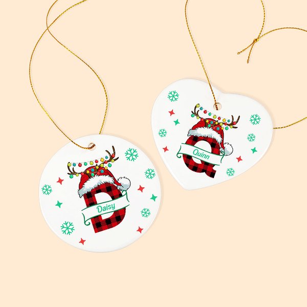 Personalised Christmas Hat Antler Elements Ceramic Hanging Ornament with Letter and Name Christmas Tree Decor Happy New Year Gift for Family Friend