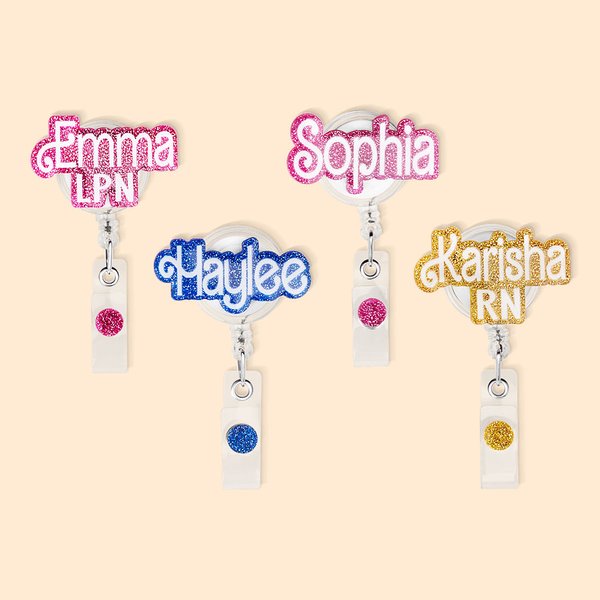 Personalized Glitter Fashion Acrylic Badge Reel with Name Title Birthday Christmas Gift for Nurse Doctor Teacher