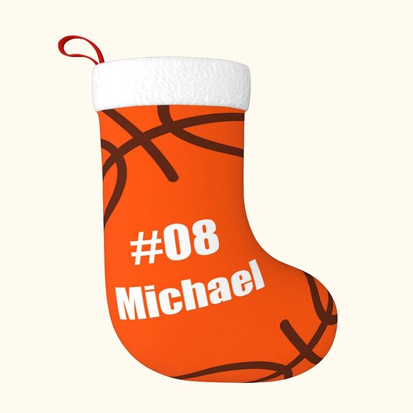 Calza natalizia di basket personalizzata con nome e numero Decorazione da appendere all'albero di Natale per i giocatori appassionati di pallacanestro