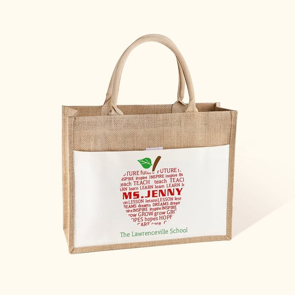 Personalised Apple Pattern Jute Tote Bag with Name and Text Christmas Thanksgiving Day Gift for Teacher