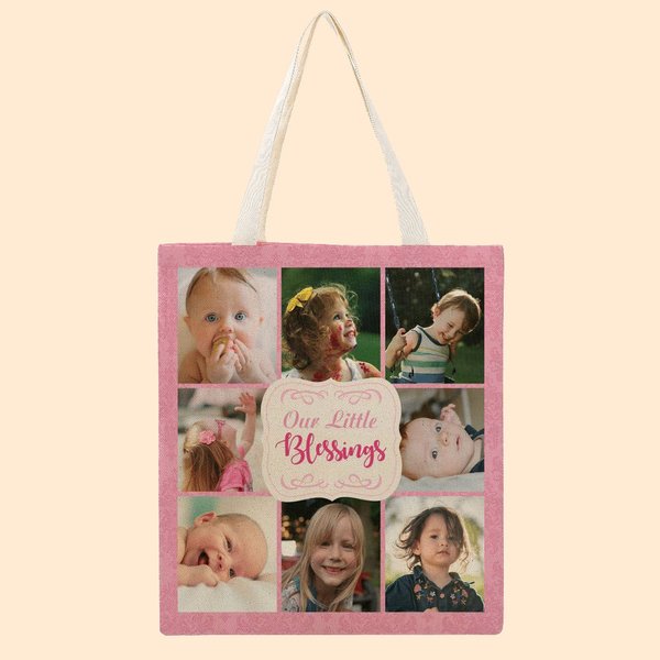Gepersonaliseerde Our Little Blessings Fotocollage Canvas Draagtas met Tekst Verjaardag Kerstcadeau voor Familie Vrienden