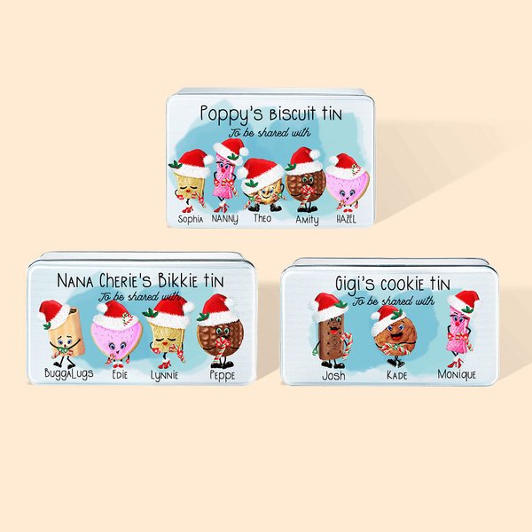 Gepersonaliseerd 1-8 Cartoon Cookie Wafer Kerstmuts Food Grade metalen koekjesblik met naam en tekst Verjaardag Kerstcadeau voor familie koekjesliefhebber