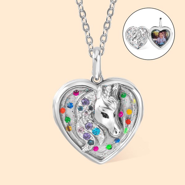 Collana con ciondolo a forma di cuore con foto per le bambine, personalizzata con l'unicorno di paillettes e strass.