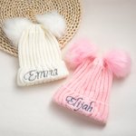 Personalized Double Pom Pom Baby Knitted Winter Hat with Embroidery Name Baby Shower Christmas Day Birthday Gift for Kid Newborn