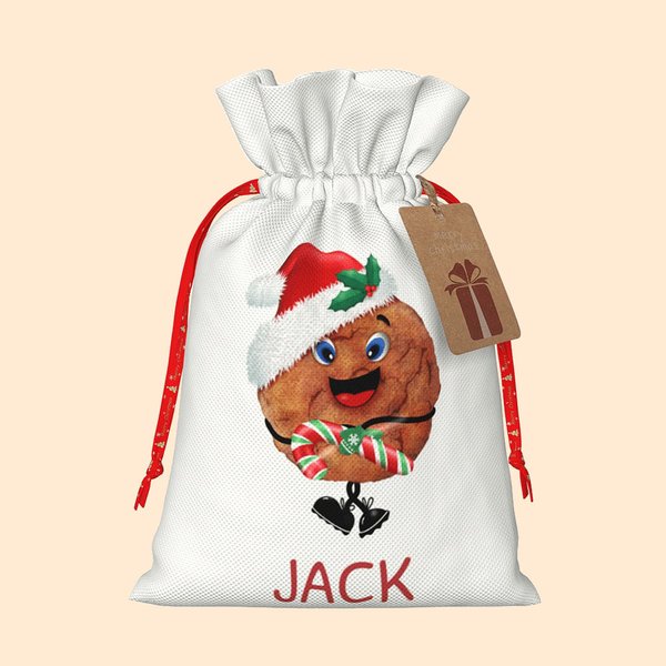 Personalised Biscuit Boy Girl Gift Bag with Name Canvas Drawstring Bag Christmas Gift Wrap with Hanging Tag Holiday Party Gift for Family Biscuit Love