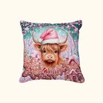 Personalized Pink Floral Highland Cow Throw Pillow Cover Home Decor with Name Birthday Christmas Gift for Kid Highland Cow Lover