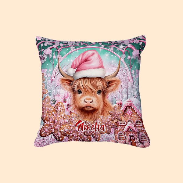 Personalisierte rosa Floral Hochland Kuh werfen Kissen Abdeckung Home Decor mit Namen Geburtstag Weihnachten Geschenk für Kind Hochland Kuh Liebhaber