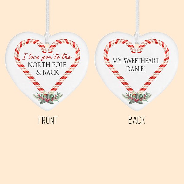 Henkilökohtainen Love You to the North Pole & Back Heart Ornament Keraaminen Candy Cane joulukuusi ripustettu riipus joululahja pariskunnalle perheell