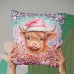 Personalized Pink Floral Highland Cow Throw Pillow Cover Home Decor with Name Birthday Christmas Gift for Kid Highland Cow Lover