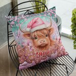Personalized Pink Floral Highland Cow Throw Pillow Cover Home Decor with Name Birthday Christmas Gift for Kid Highland Cow Lover
