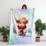 Personalisierte Baby Hochlandkuh mit Weihnachtsmütze Flanelldecke Weihnachten Geburtstag Geschenk für Hochlandkuh-Liebhaber
