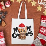 Gepersonaliseerde Meowy Christmas Tote Bag Handtas Hond Kat in Kerstmuts Winkeltas met Naam Tekst Kerstmis Verjaardagscadeau voor Vriend Familie Huisd