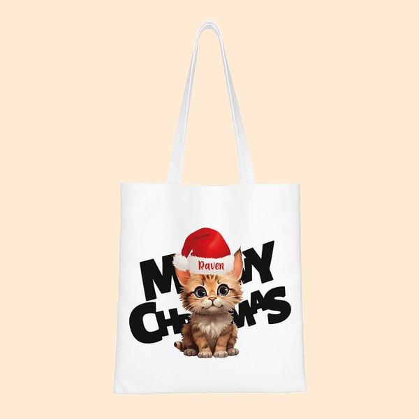 Gepersonaliseerde Meowy Christmas Tote Bag Handtas Hond Kat in Kerstmuts Winkeltas met Naam Tekst Kerstmis Verjaardagscadeau voor Vriend Familie Huisd