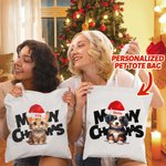Gepersonaliseerde Meowy Christmas Tote Bag Handtas Hond Kat in Kerstmuts Winkeltas met Naam Tekst Kerstmis Verjaardagscadeau voor Vriend Familie Huisd
