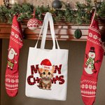 Gepersonaliseerde Meowy Christmas Tote Bag Handtas Hond Kat in Kerstmuts Winkeltas met Naam Tekst Kerstmis Verjaardagscadeau voor Vriend Familie Huisd