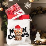 Gepersonaliseerde Meowy Christmas Tote Bag Handtas Hond Kat in Kerstmuts Winkeltas met Naam Tekst Kerstmis Verjaardagscadeau voor Vriend Familie Huisd