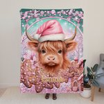 Coperta in pile personalizzata con cappello rosa di Babbo Natale e pan di zenzero per i fan delle mucche delle Highlands