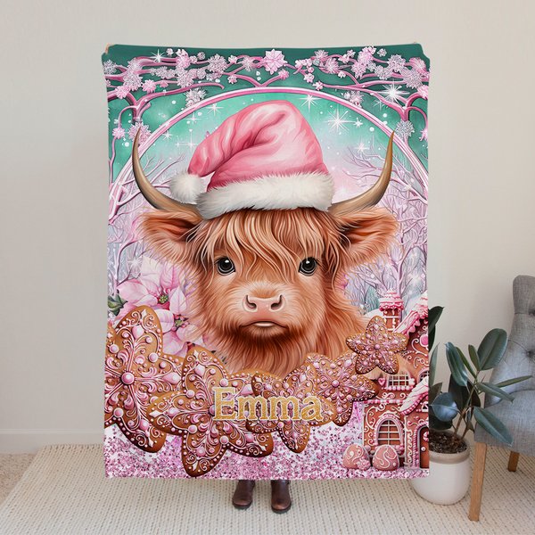 Coperta in pile personalizzata con cappello rosa di Babbo Natale e pan di zenzero per i fan delle mucche delle Highlands