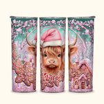 Vaca de las Tierras Altas con gorro de Papá Noel personalizada Vaso fino de 20oz Taza de café de pan de jengibre con pajita Regalo de cumpleaños de Na