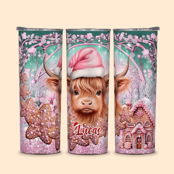 Vaca de las Tierras Altas con gorro de Papá Noel personalizada Vaso fino de 20oz Taza de café de pan de jengibre con pajita Regalo de cumpleaños de Na