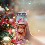 Vaca de las Tierras Altas con gorro de Papá Noel personalizada Vaso fino de 20oz Taza de café de pan de jengibre con pajita Regalo de cumpleaños de Na