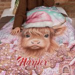 Coperta in pile personalizzata con cappello rosa di Babbo Natale e pan di zenzero per i fan delle mucche delle Highlands