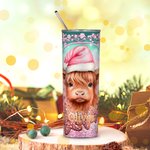 Vaca de las Tierras Altas con gorro de Papá Noel personalizada Vaso fino de 20oz Taza de café de pan de jengibre con pajita Regalo de cumpleaños de Na