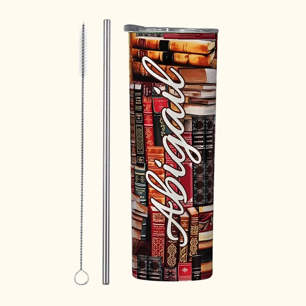 Gepersonaliseerde Bibliotheek Boek Retro Design 20oz Skinny Tumbler met Naam Kerstcadeau Terug naar School Gift voor Boekenliefhebber