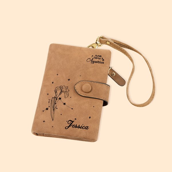 Personalizada Tri-Fold Zodiaco Nacimiento Flor Cartera de cuero Cumpleaños Día de la Madre de regalo para las mujeres