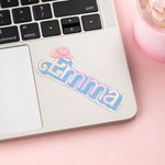 Personalised  Fashion Curved Name Stickers Water Resistant Holographic Vinyl Decal Label Birthday Gift for Sister Friend Pink Doll Lovers
