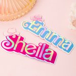 Personalised  Fashion Curved Name Stickers Water Resistant Holographic Vinyl Decal Label Birthday Gift for Sister Friend Pink Doll Lovers