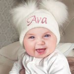 Personalized Double Pom Pom Baby Knitted Winter Hat with Embroidery Name Baby Shower Christmas Day Birthday Gift for Kid Newborn