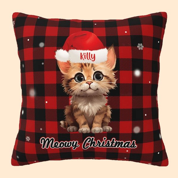 Gepersonaliseerde Meowy Kerst Hond Kat met Kerstmuts Kussenhoes Kerst Huisdecoratie voor Huisdiereigenaar