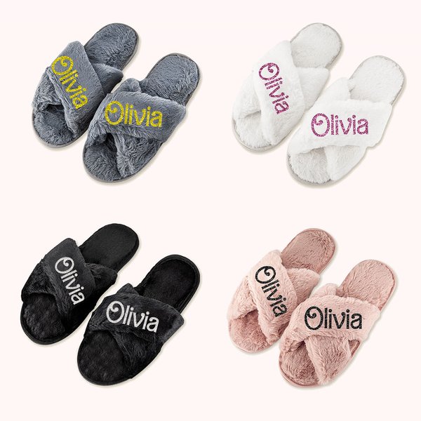Chaussons Moelleux Personnalisés avec Nom Pailleté Style Poupée Cadeau de Noël Enterrement de Vie de Jeune Fille Anniversaire pour Femme
