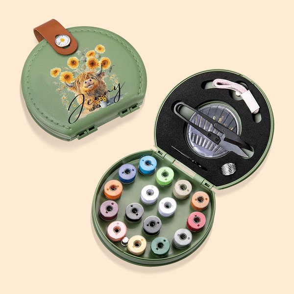 Personalised Sunflower Highland Cow Handwork Tool Portable Leather Sewing Kit Set with Name Birthday Christmas Gift for Her