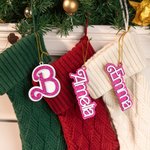 Personalised Sweets Style Glitter Wooden Stocking Tag with Name or Letter Cute Christmas Tree Hanging Decor for Doll Fashion Fans Pet Lovers