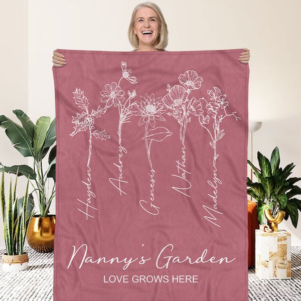 Couverture Flanelle Laine Personnalisée avec 1-8 Fleurs de Naissance et Noms Cadeau Anniversaire pour Maman Grand-Mère