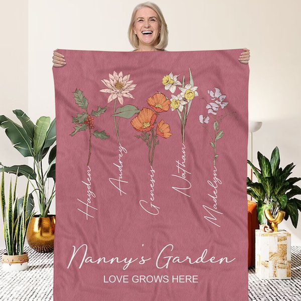 Personalised Watercolour Birth Flower Blanket with Name and Love Grows Here Quote Retro Home Decoration Birthday Gift for Mom Grandma
