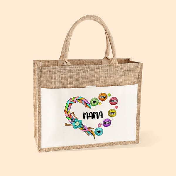Personalized Knitting Love Jute Bag Knitter Storage Bag with 1-12 Children Names Gift for Mom Grandma Sewing Enthusiast