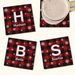 Sous-verre personnalisé Buffalo Plaid Snowflakes avec initiale et nom Lot de 2 Cadeau de pendaison de crémaillère pour la famille
