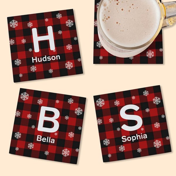 Sous-verre personnalisé Buffalo Plaid Snowflakes avec initiale et nom Lot de 2 Cadeau de pendaison de crémaillère pour la famille