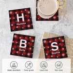 Sous-verre personnalisé Buffalo Plaid Snowflakes avec initiale et nom Lot de 2 Cadeau de pendaison de crémaillère pour la famille